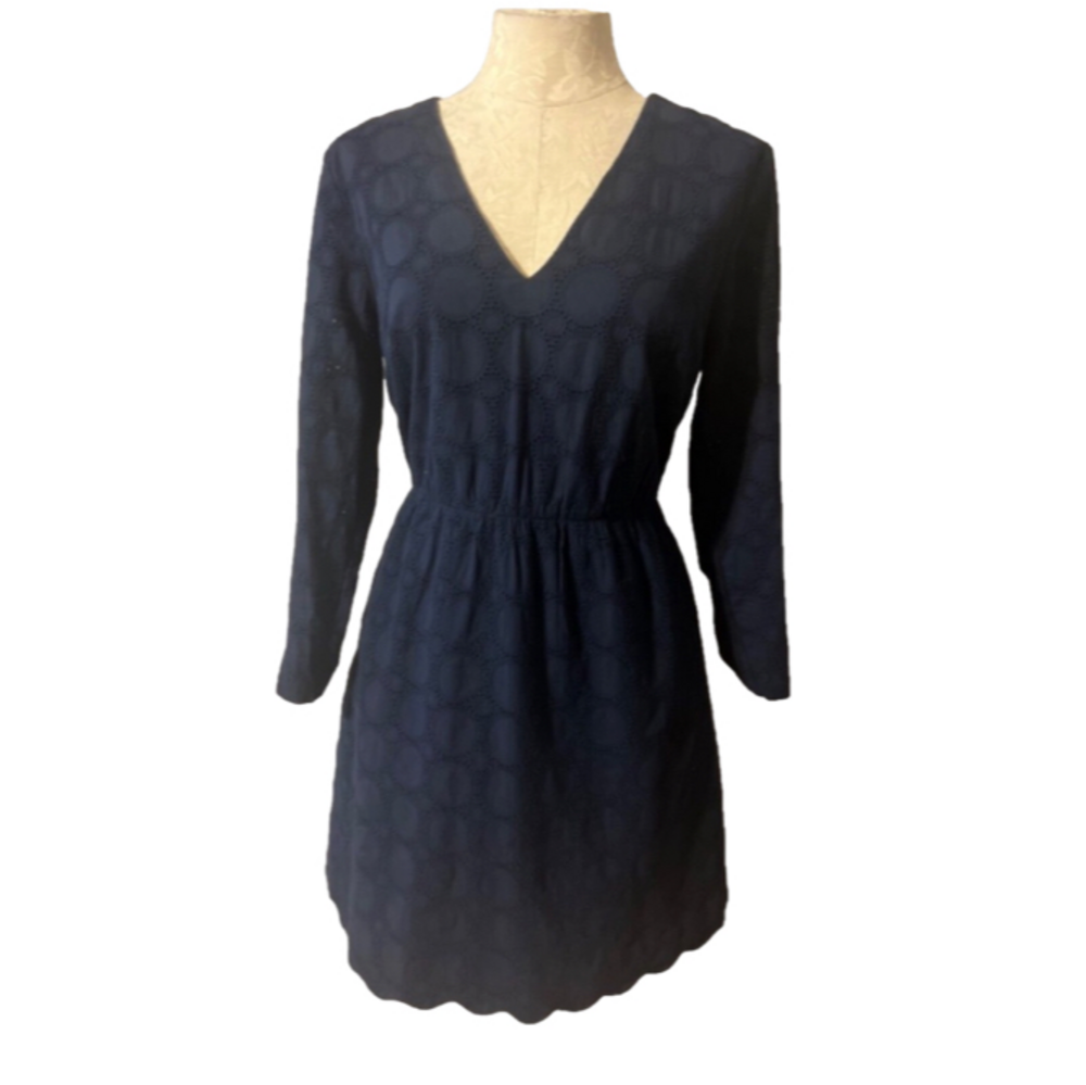 J Crew Dress Navy Blue 10 Cotton 3/4 Long Sleeve  A Line - Picture 2 of 10